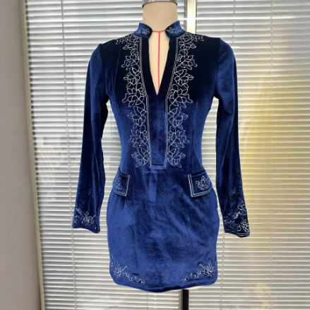 2025 Export Cross-Border European and American Retro Elegant Embroidered Dress Lace V Neck Long-Sleeved Miniskirt 898-Ys