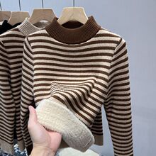 加绒秋冬季加厚打底衫女一体绒首单半高领毛衣女条纹长袖保暖直降