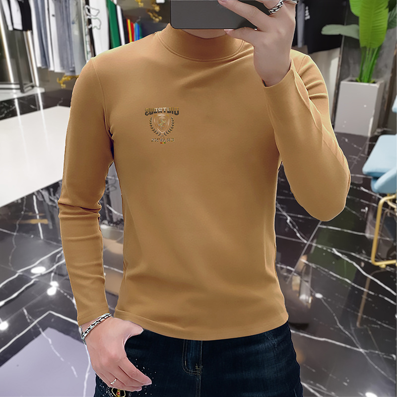 Roupa íntima de manga comprida de alta qualidade com base de lã, gola semi alta, top masculino quente de outono e inverno, lã da moda_voghion.com