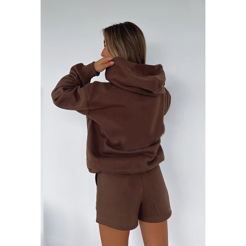 Autumn Winter Solid Color Hooded Pullover Long Sleeve Sweaters Women Clothing Shorts Suit