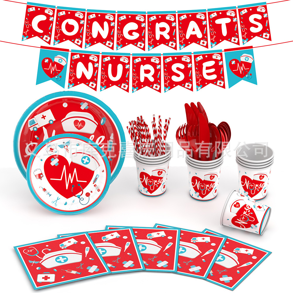 Festival de la enfermera vajilla tirar bandera plato de papel taza de papel Decoración de la fiesta temática del Festival de la enfermera