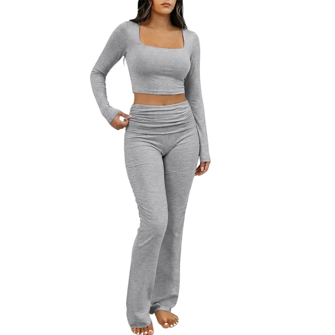 Damen-Trainingsanzug-Set aus geripptem Strick, bestehend aus einem langärmeligen Oberteil mit eckigem Ausschnitt und einer Jogginghose – lässige Loungewear_voghion.com
