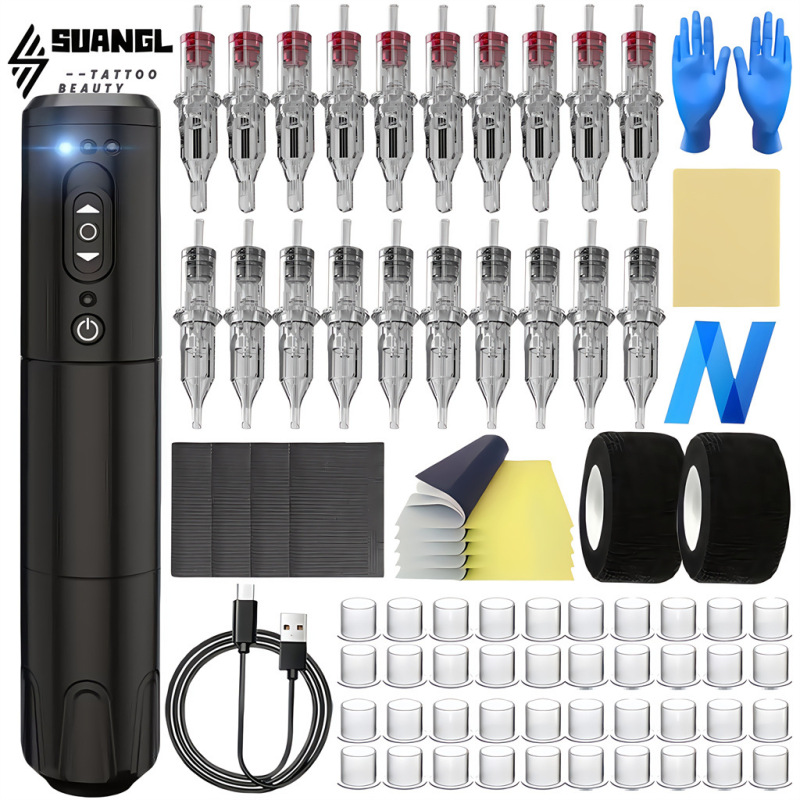 Tattoo Set Cartridge Tattoo Needle Ink Cup Power Supply Motor Tattoo Pen Complete Tattoo Set Practice Leather Cross-Border