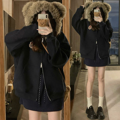 肥柒柒大码美式复古小熊耳朵毛领开衫外套女2025新款休闲连帽卫衣