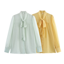 欧美夏季新款女装时尚休闲单排扣轻薄宽松系带长袖衬衫肌理感衬衣