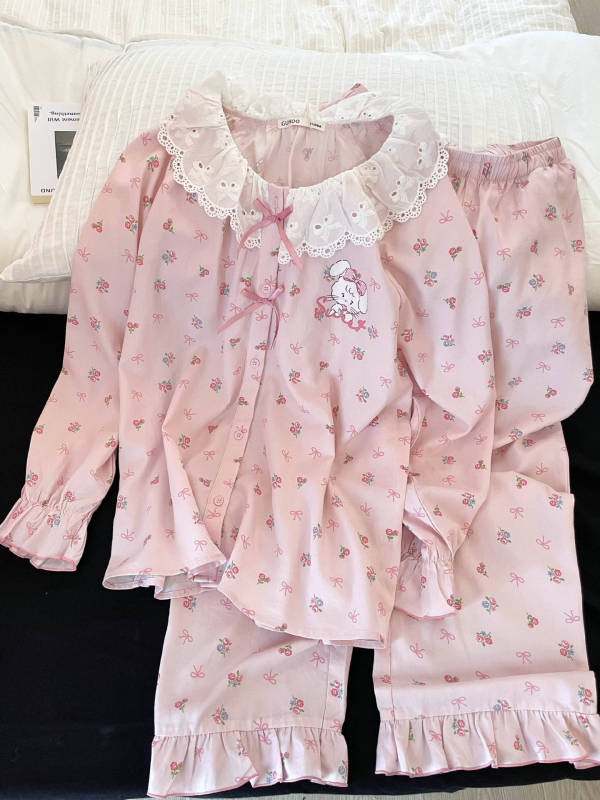 少女甜美小兔印花长袖睡衣女款春秋款新款大码家居服娃娃领两件套|undefined
