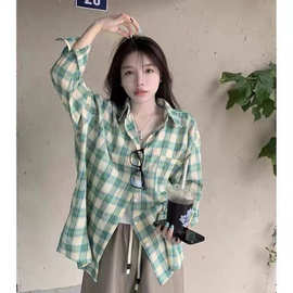 外贸批发法式绿色格子衬衫外套女春秋新款polo领长袖衫中长款上衣