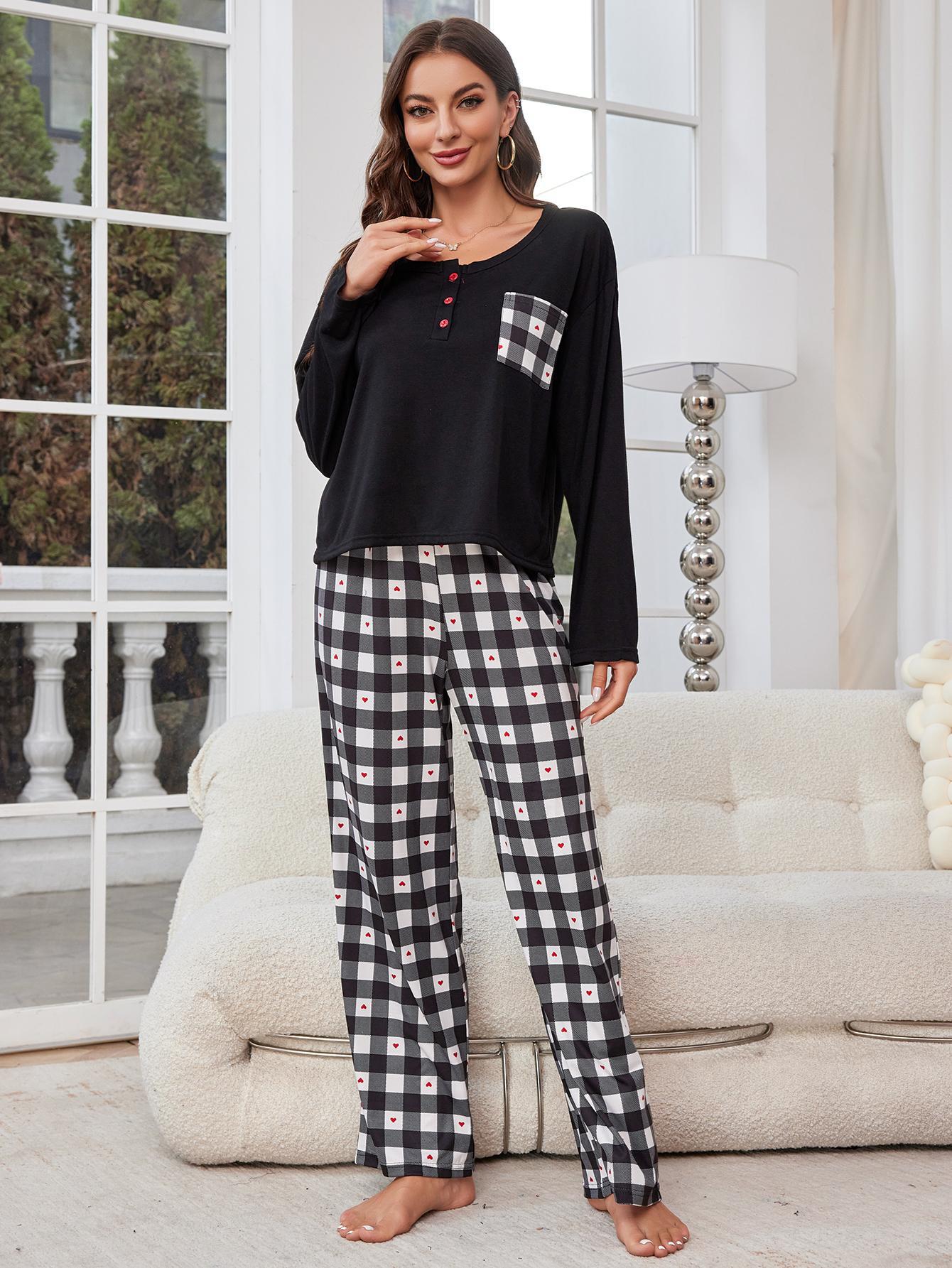Sleepwear for women, spring and autumn checkered long sleeved cardigan, two-piece home suit_voghion.com