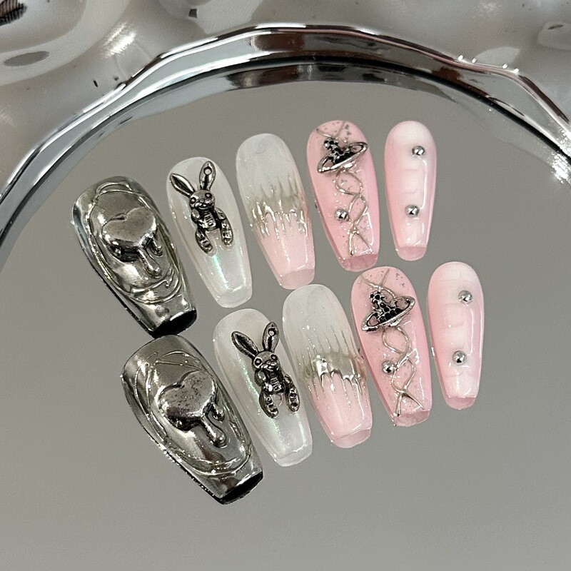 Hand-worn nail piece high-grade white silver ladder pink nail art detachable violent rabbit love fake nails