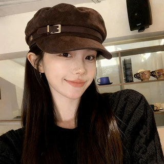 美拉德麂皮绒贝雷帽女2026新款秋冬大头围平顶鸭舌帽子百搭报童帽