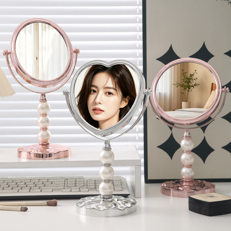 Espejo de maquillaje de doble cara, espejo de belleza de escritorio de alta definición, espejo de maquillaje giratorio, espejo de escritorio de perlas