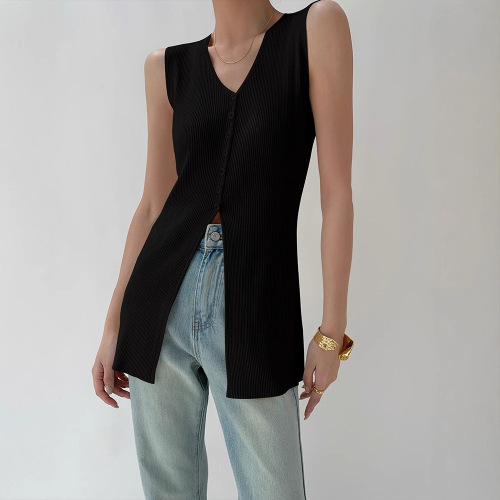 French V-neck sleeveless ice silk knitted women's mid-length 2025 summer knitted open jacket vest thin