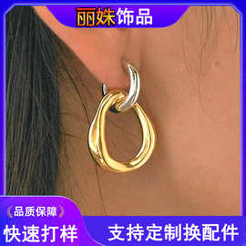 亚马逊跨境新款双色hoop耳环复古文艺铜耳钉百搭度假聚会女士