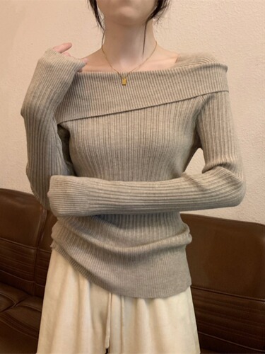 One-shoulder knitted base shirt for women, suitable for spring, autumn, and winter, with irregular innerwear, French-style high-waist, normal shoulder, collarbone-length sleeve top