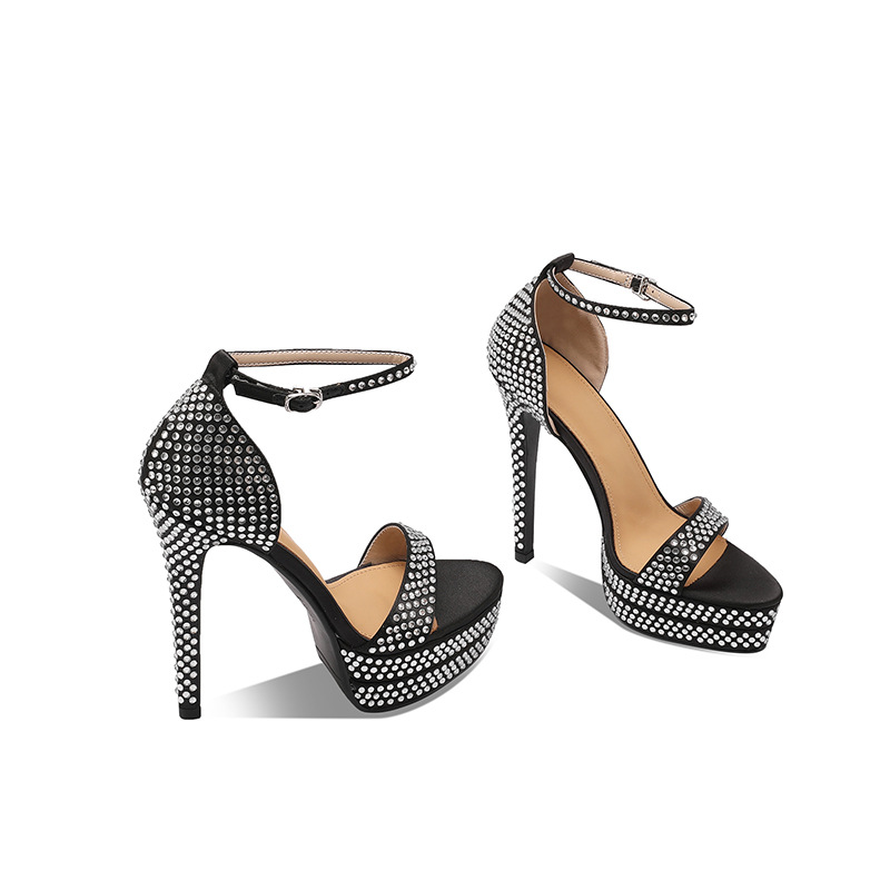 Sandal cao gót nữ đính đá phong cách châu Âu, đế dày platform, gót siêu cao 12 cm — Màu đen