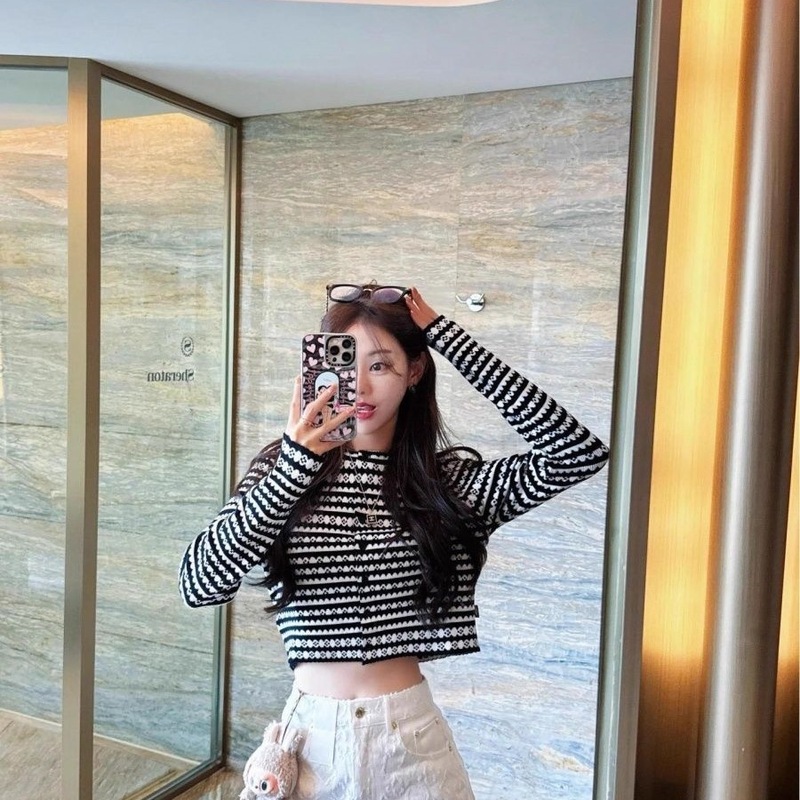 2025早秋新款条纹撞色老花提花针织开衫女气质显瘦长袖上衣感洋气|undefined