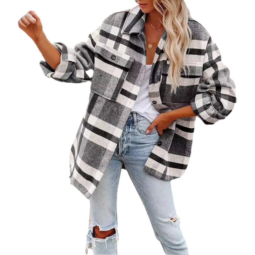 2022 Amazon Otoño e Invierno ropa de mujer transfronteriza europea y americana Amazon botón a cuadros franela abrigo de camisa de lana