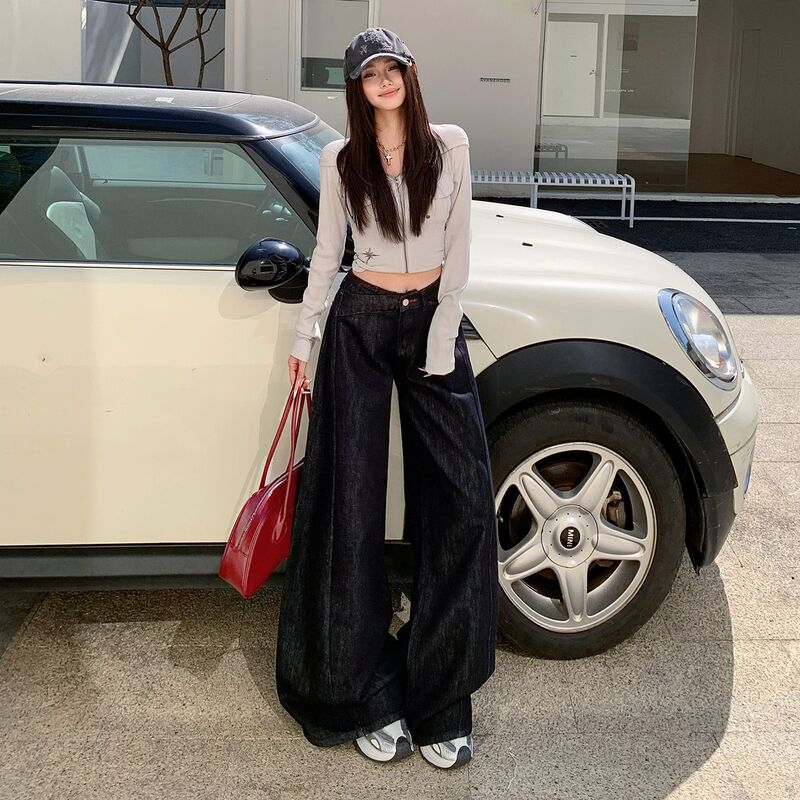 Blue and Black American Retro 2026 New Style Irregular Low-Waist Design Anti-Fading Loose Wide-Leg Jeans for Women Blue and Black American Retro 2026 New Style Irregular Low-Waist Design Anti-Fading Loose Wide-Leg Jeans for Women