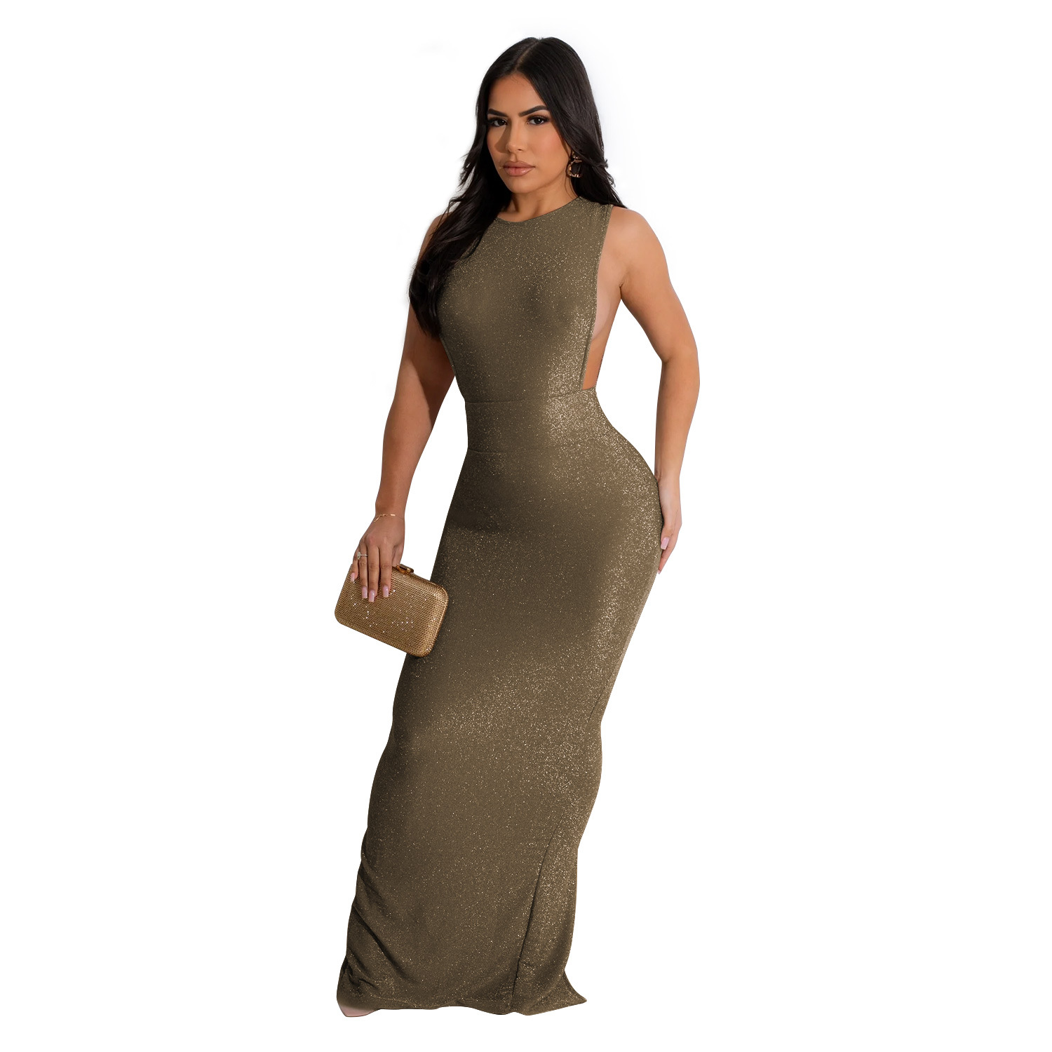 C6791 transfronteriza AliExpress Amazon moda europea y americana de las mujeres de color sólido cuello redondo sin mangas vestido partido image 7