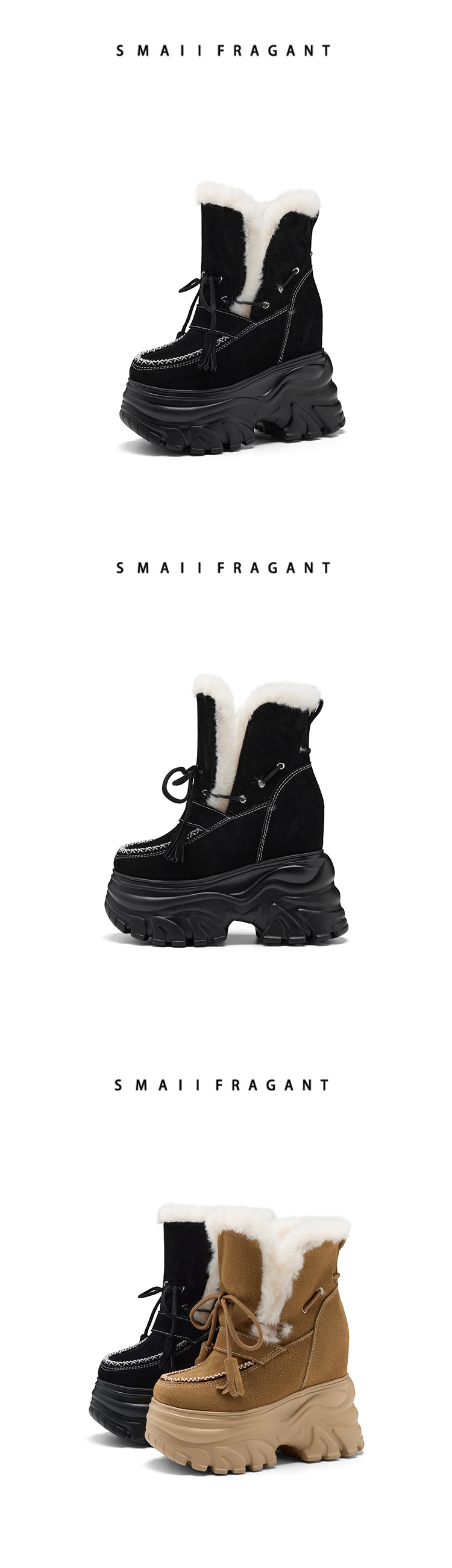 Boot nữ cổ cao ôm bắp chân đế dày 14 cm, chất nhung đen ấm áp — nhung đen chi tiết 7