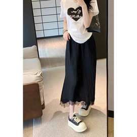 现 2026夏季新款法式甜美蕾丝拼接醋酸褶皱中长款半身裙