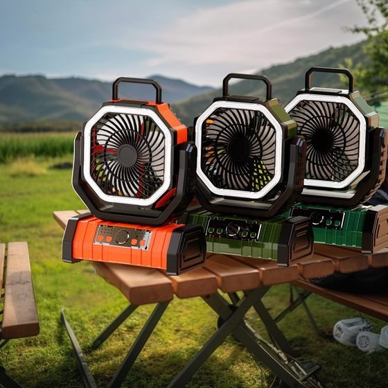 Cross-border new outdoor fan speed regulating fan portable large wind charging remote control charging camping fan lighting