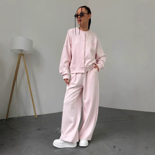 2025 New Casual Suit Women's Pink Embroidered Casual Sports Button Cardigan Jacket Straight Pants Two-Piece Set