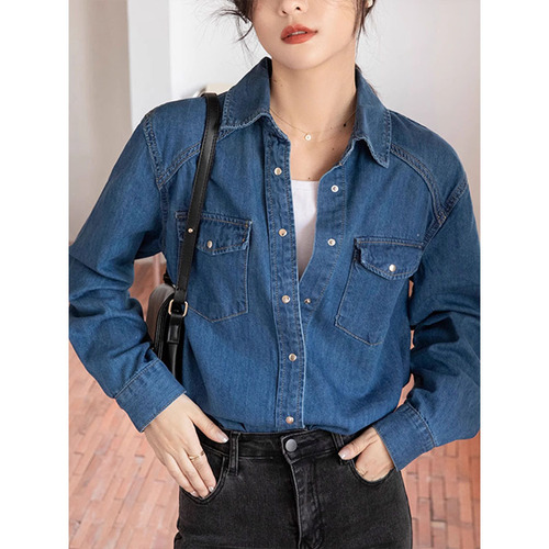 Retro Hong Kong Style Chic Blue Women's Autumn New Long-Sleeve Loose Matchable Denim Shirt Jacket