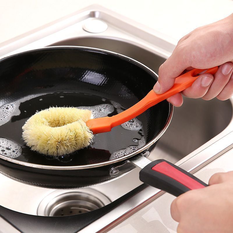 Household Long-Handled Hemp Fiber Pot Brush, Non-Stick and Easy to Clean, Kitchen Cleaning Brush, Soft-Bristled Dishwashing Brush