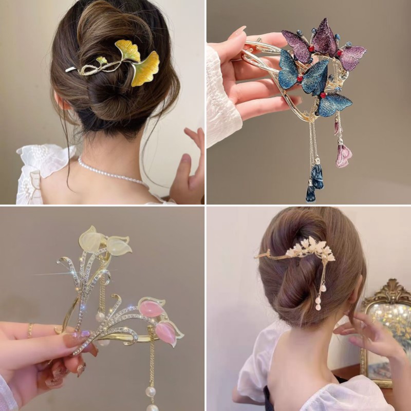 New Lily butterfly tassel hairpin female back head updo twisted clip antique rose pendant hair grip clip