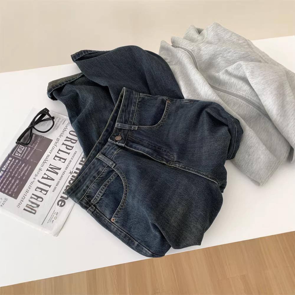 American Retro Dark Blue Distressed High-Waisted Jeans for Women 2026 Spring and Autumn New Style Loose Wide-Leg Long Pants Straight Pants