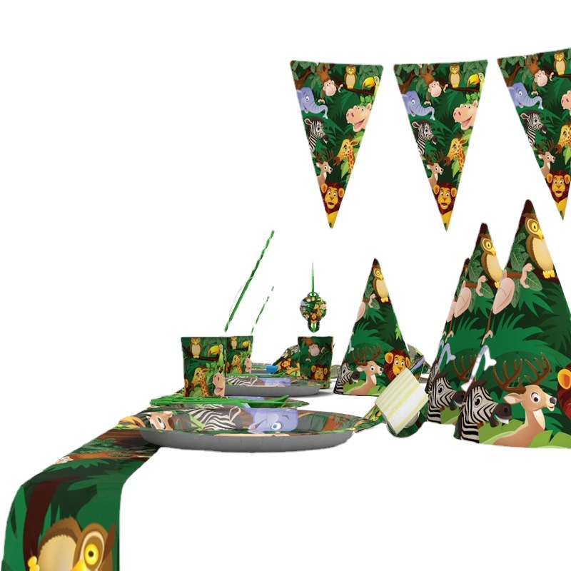 Amazon fabricantes nuevo animal selva fiesta de cumpleaños los niños suministros sombrero desechable plato tire bandera Decoración