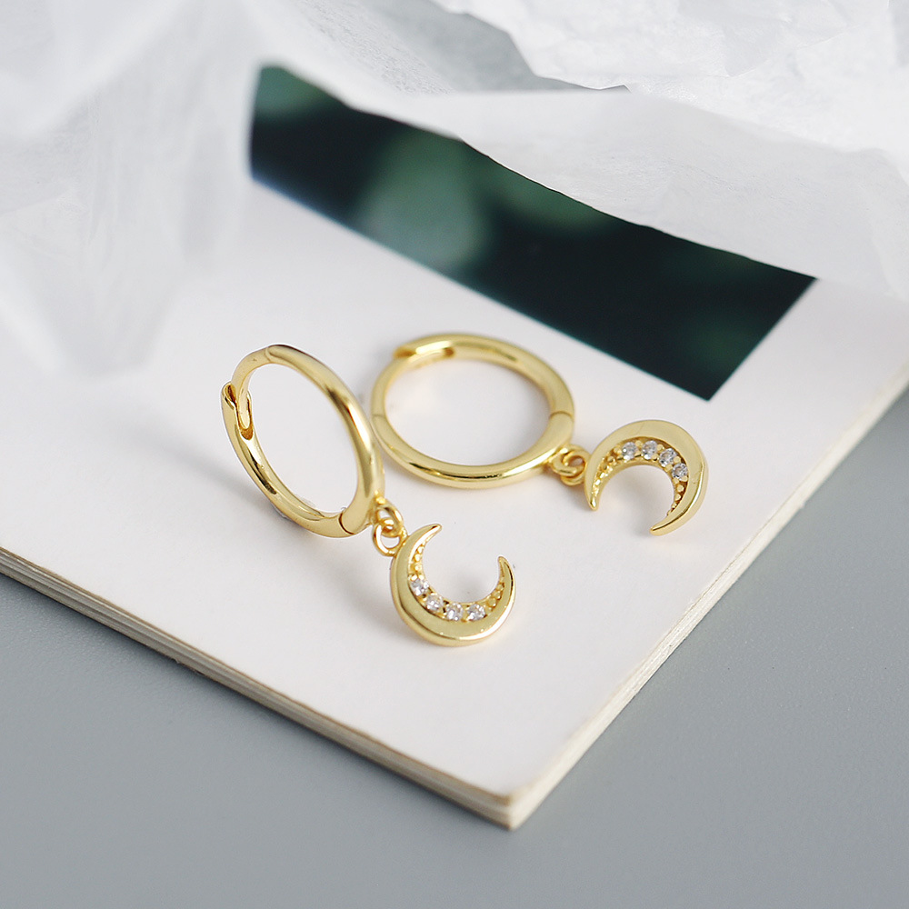 Silver Material Silver Rhinestones Moon Earrings