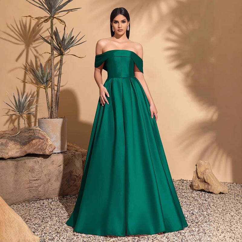 European and American Cross-Border Evening Dresses 2026 New Style Sexy and Elegant Satin Solid Color One-Shoulder Dress Bridesmaid Evening Dress