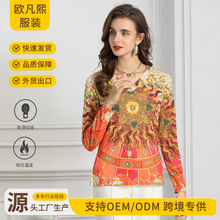 2025新款印花打底衫冬季热卖欧美女装小V领气质休闲T恤修身内搭