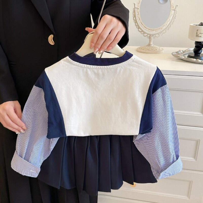 소녀 니트 셔츠 봄과 가을 유행 라운드 넥 스티칭 셔츠 캐주얼 스웨터 가을 의류 큰 어린이 및 학생 순수
