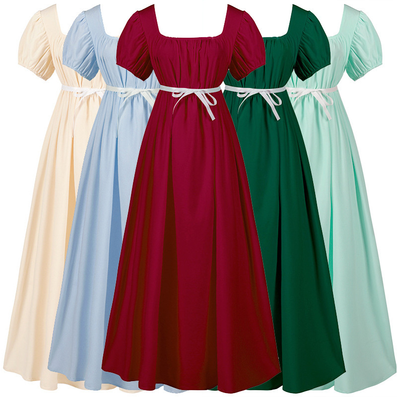 2025 Spring New Women's Medieval Solid Color Short-Sleeved High Waist Bridgyton Cos Wear Prom Foreign Trade Dress
