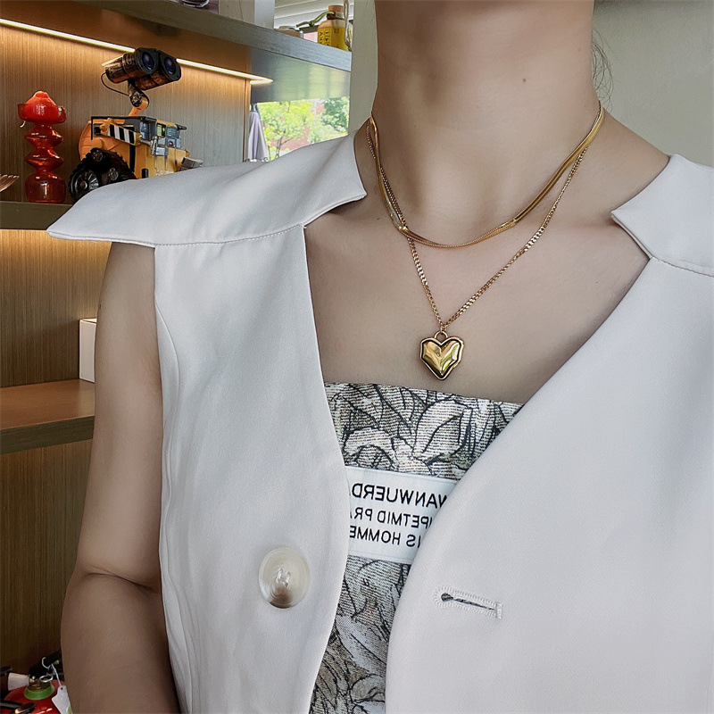 Fashion Heart Shape Titanium Steel Inlaid Gold Layered Necklaces 1 Piece