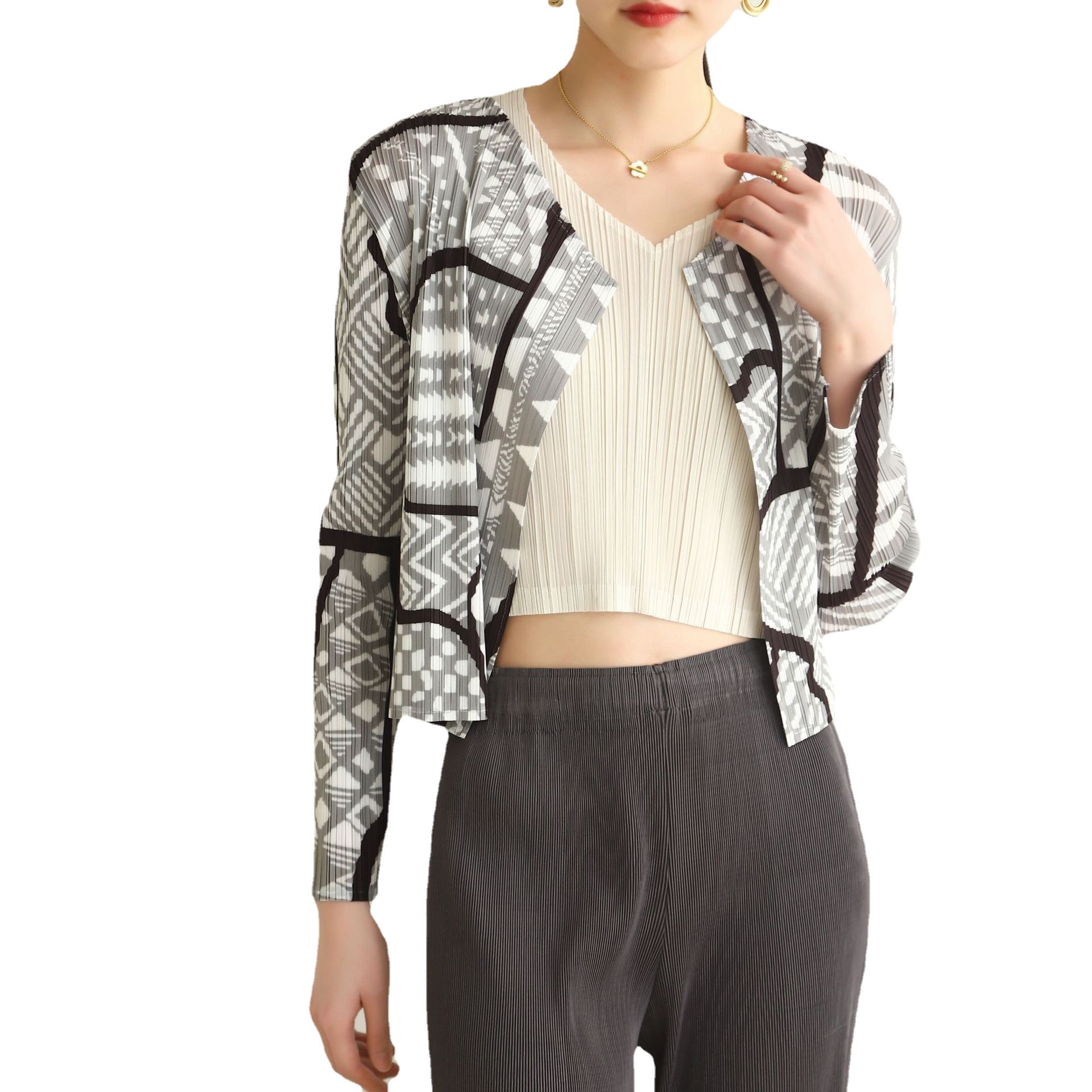 Contador de calidad otoño primavera Nueva gama alta plisado moda de la calle europea impreso cardigan versátil casual abrigo corto