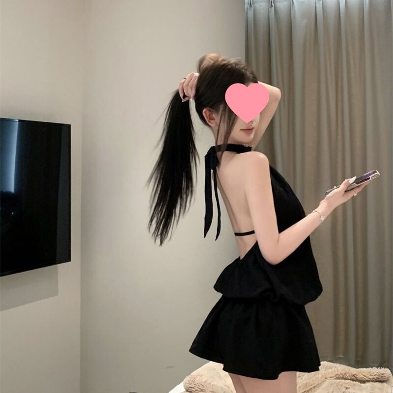 Hollow-out Hanging Neck Small Black Dress Women's 2025 Summer New Style Fairy Back Lace-up Spice Girls Solid Color Dress Trendy