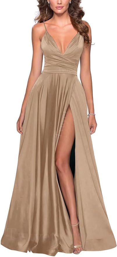 Elegante vestido de fiesta largo con cuello en V dividido, plisado de dama de honor de gasa larga, vestido formal, vestido de noche de satén