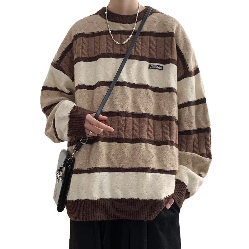 Leak-picking American retro lazy sweater coat fashionable brand contrast color loose round neck sweater for men