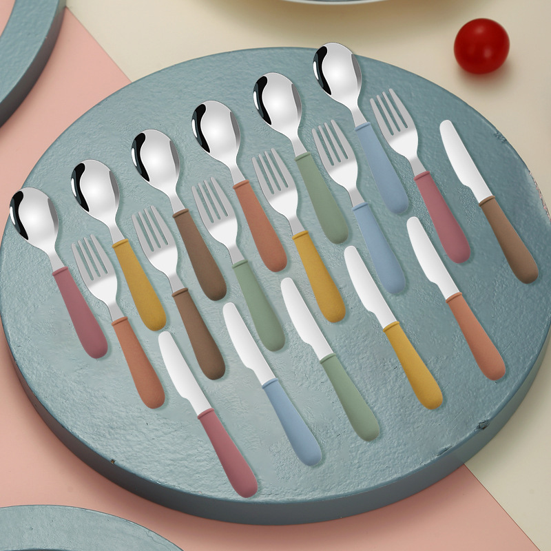 Juego de 3 piezas de cuchillo, tenedor y cuchara para niños de acero inoxidable 304 transfronterizo, mango de goma suave, cuchara para comer para bebés, tenedor, juego de comida occidental