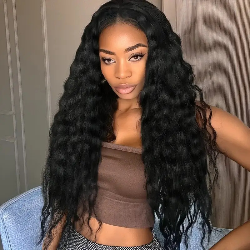 Middle Corn Hot Europe, America and Africa Cross-border Long Roll Wig Black Chemical Fiber High Temperature Silk Fluffy Natural Full Head Cover