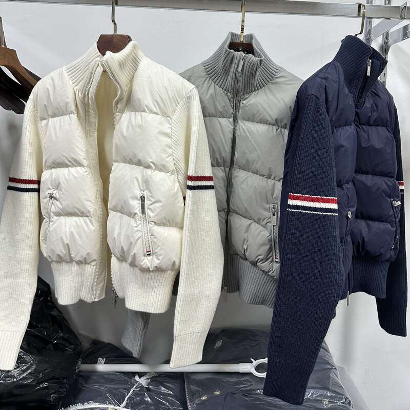 TB New College Style Color Sleeve Bar Ribbon Knitted Stitching Collar Short White Duck Down Jacket Casual Jacket