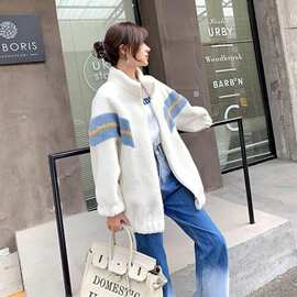 冬新款颗粒羊羔绒大衣羊羔毛拼接棉衣短款撞色加厚外套女