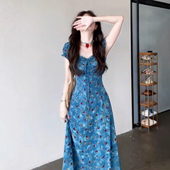 夏日巨好看法式蓝色碎花连衣裙子女装夏季2025新款爆款小个子长裙