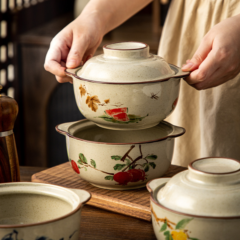 Japanese-style kitchenware set: double-handled instant noodle bowl with lid, ceramic bowl, household soup bowl, ramen bowl, student bowl set