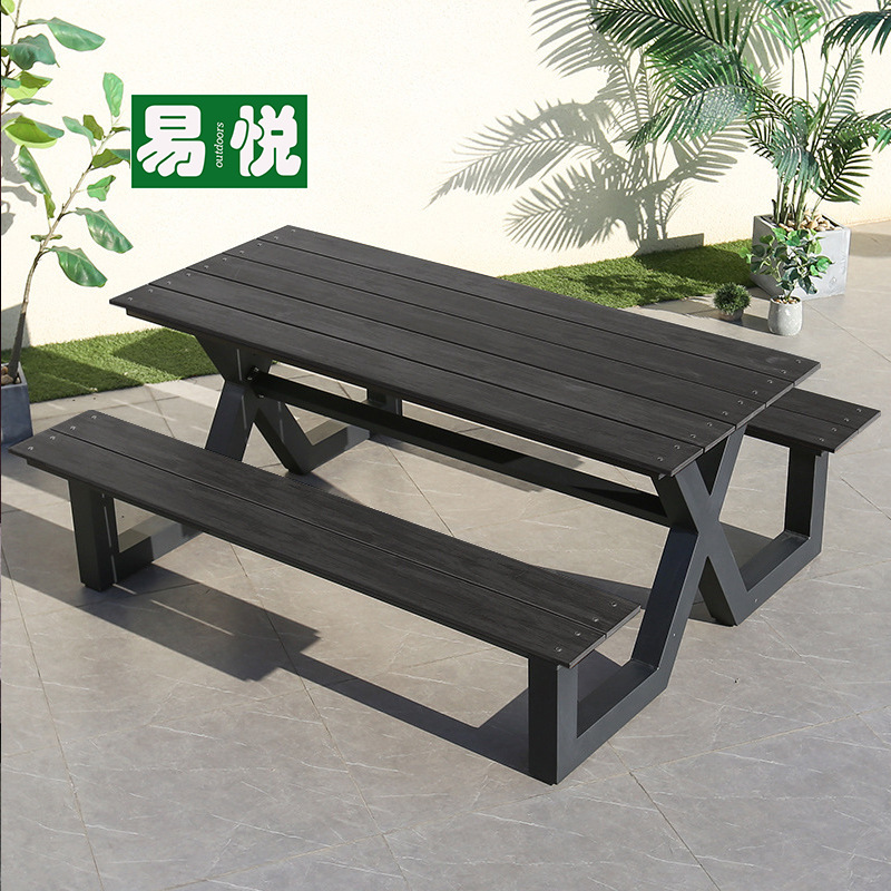 Mesa y silla unida al aire libre con paraguas para parque de ocio patio mesa y silla de hierro forjado para punto escénico banco combinación de mesa y silla de madera de plástico al aire libre