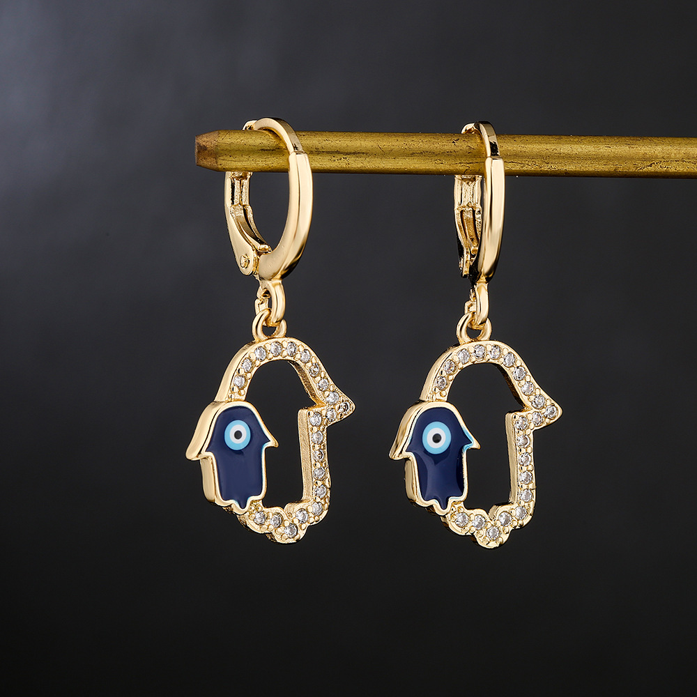 Fashion copper 18K gold drip oil zircon hand earrings female